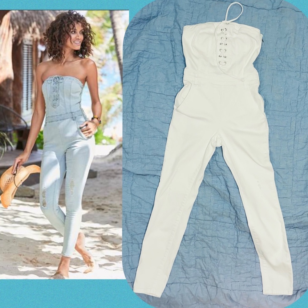 Venus white lace up denim jumpsuit. Worn once.